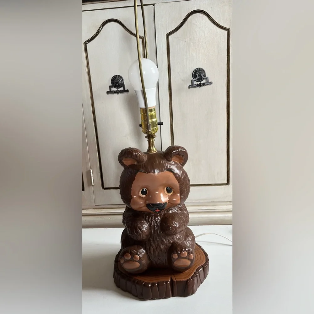 Vintage Bear on tree stump Lamp Teddy Bear Nursery Decor Cabin Rustic Whimsy